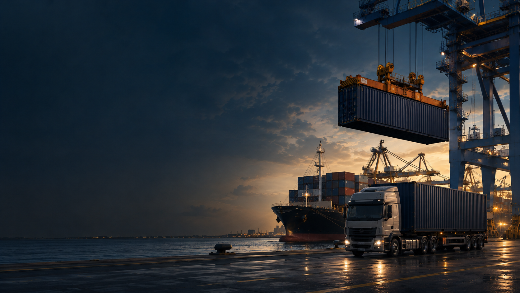 Container ship, port crane and freight truck supporting global supply