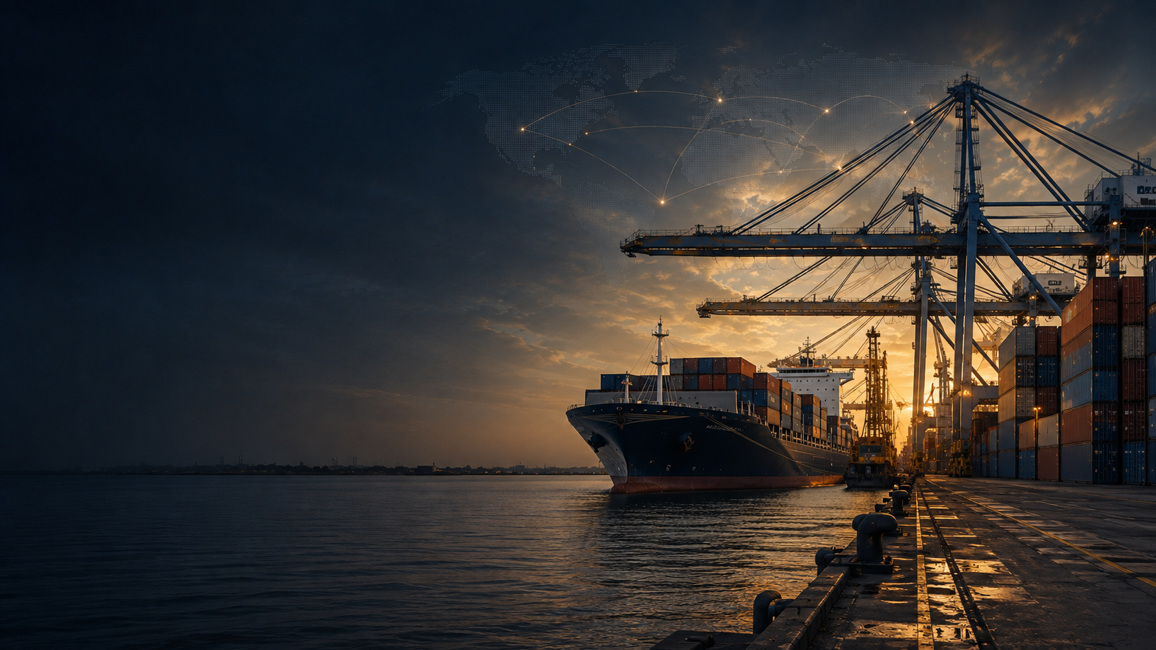 Container vessel and port cranes connected across international markets