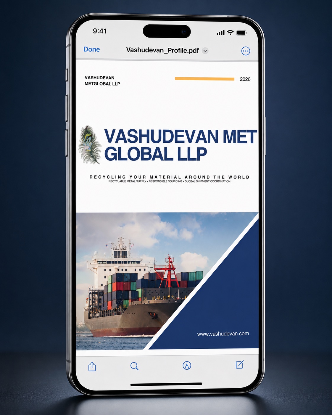 VMG Company Profile PDF displayed on an iPhone